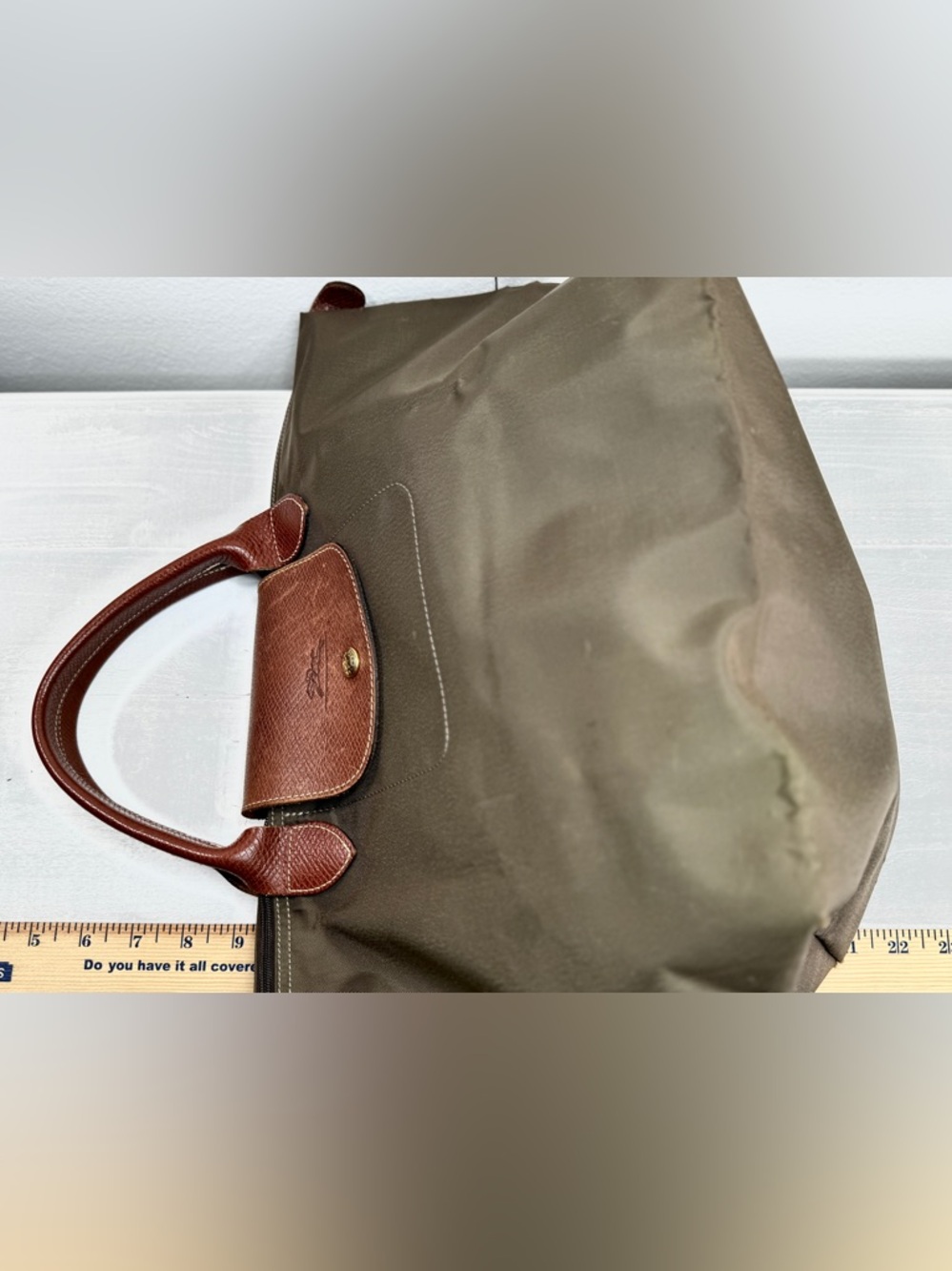 Longchamp Le Pliage Large Tote Olive Green Nylon Brown Leather Authentic - Picture 15 of 15